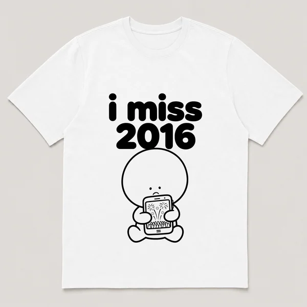 lonely boi tee: a small sad cartoon boy hugging a phone showing fireworks over a crowd, with the words i miss 2016 above him