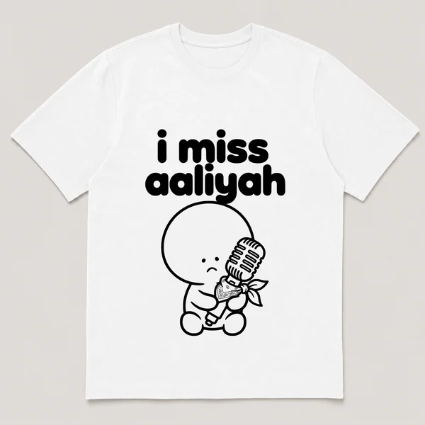 lonely boi tee: a small sad cartoon boy hugging a silver microphone with a bandana, with the words i miss aaliyah above him