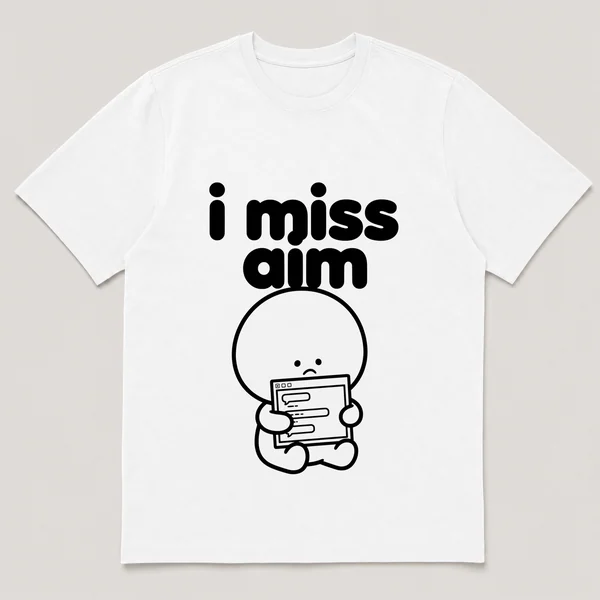 lonely boi tee: a small sad cartoon boy hugging an old desktop chat window with a smile, with the words i miss aim above him