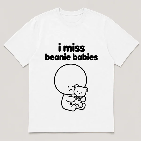 lonely boi tee: a small sad cartoon boy hugging a small plush bear with a ribbon, with the words i miss beanie babies above him
