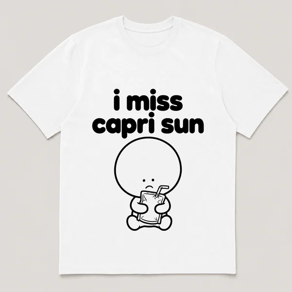 lonely boi tee: a small sad cartoon boy hugging a silver juice pouch with a straw, with the words i miss capri sun above him
