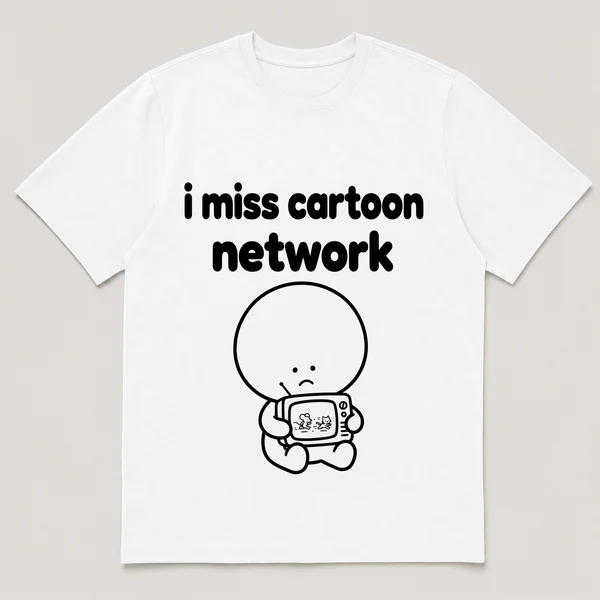 lonely boi tee: a small sad cartoon boy hugging a small tv showing a cartoon chase, with the words i miss cartoon network above him