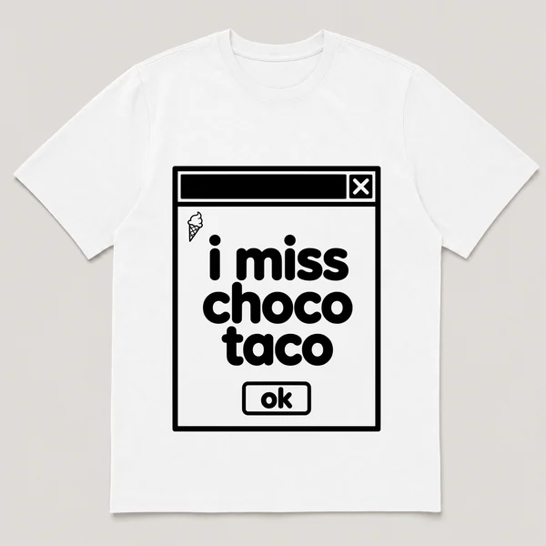lonely boi tee: a retro computer error dialog window with tiny ice cream and the words i miss choco taco and an ok button