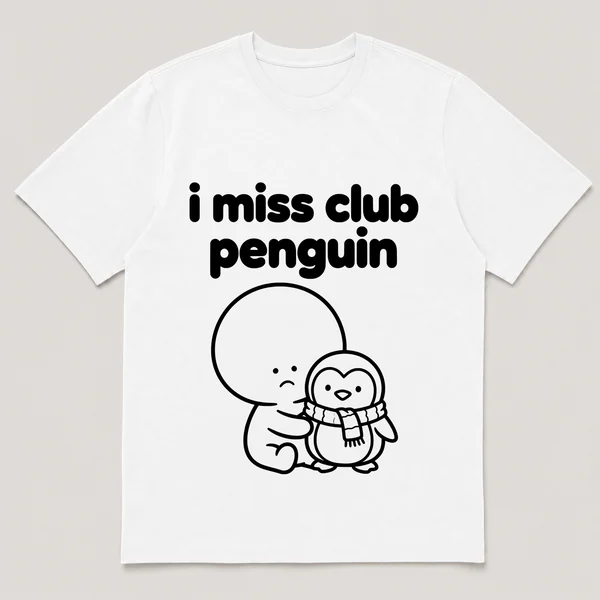 lonely boi tee: a small sad cartoon boy hugging a small cartoon penguin with a scarf, with the words i miss club penguin above him
