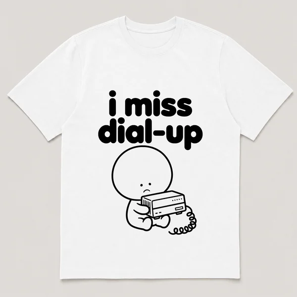 lonely boi tee: a small sad cartoon boy hugging an old desktop modem with a phone cord, with the words i miss dial-up above him