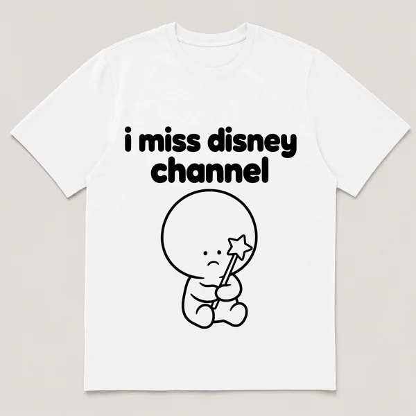 lonely boi tee: a small sad cartoon boy hugging a star-tipped magic wand, with the words i miss disney channel above him