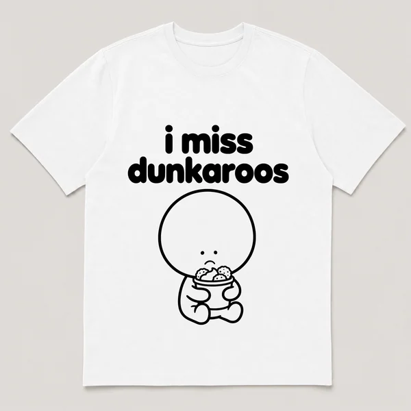 lonely boi tee: a small sad cartoon boy hugging a snack cup of cookies and frosting dip, with the words i miss dunkaroos above him