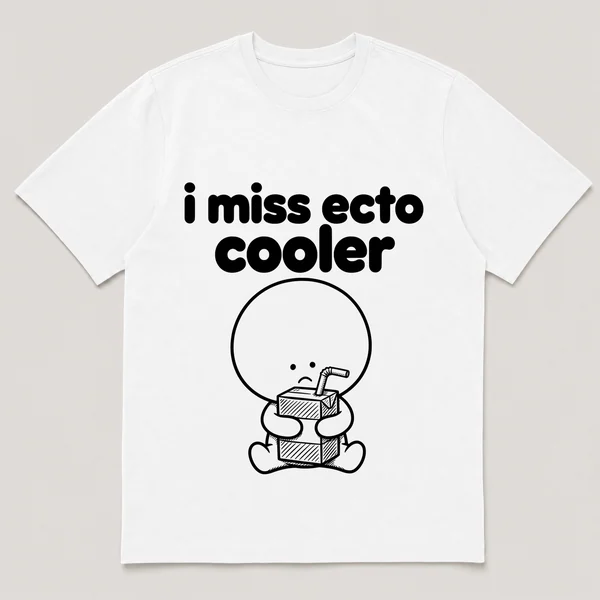 lonely boi tee: a small sad cartoon boy hugging a slime-green juice box with a straw, with the words i miss ecto cooler above him