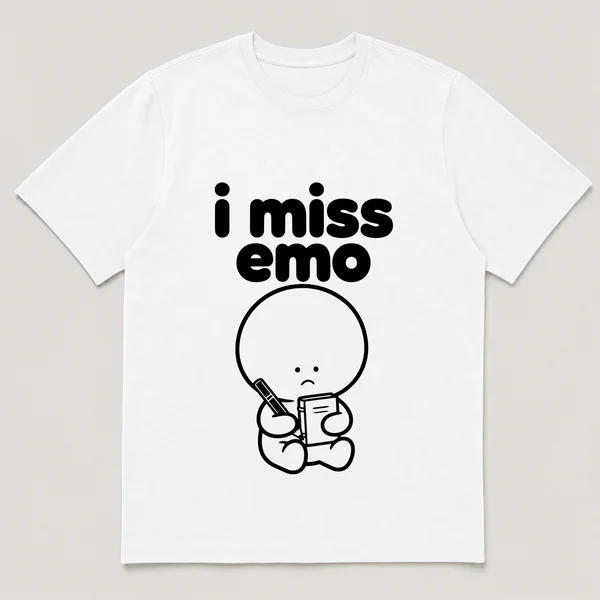 lonely boi tee: a small sad cartoon boy hugging a black eyeliner pencil and a journal, with the words i miss emo above him