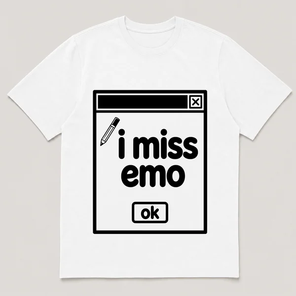 lonely boi tee: a retro computer error dialog window with eyeliner pencil and the words i miss emo and an ok button