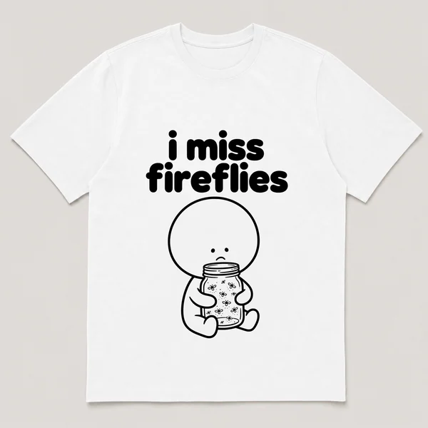 lonely boi tee: a small sad cartoon boy hugging a mason jar of glowing fireflies, with the words i miss fireflies above him
