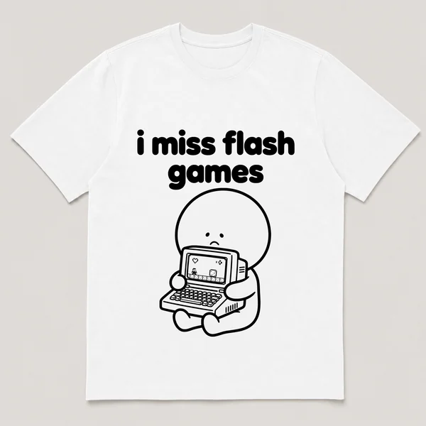 lonely boi tee: a small sad cartoon boy hugging a chunky school computer with a game, with the words i miss flash games above him