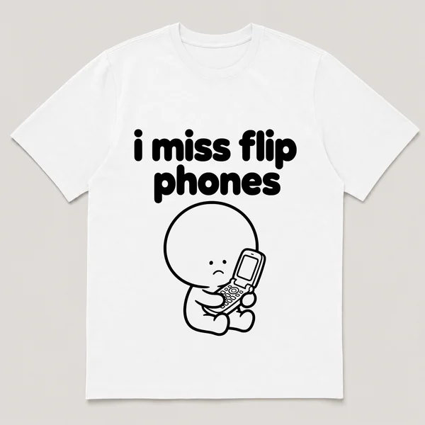 lonely boi tee: a small sad cartoon boy hugging an open flip phone, with the words i miss flip phones above him