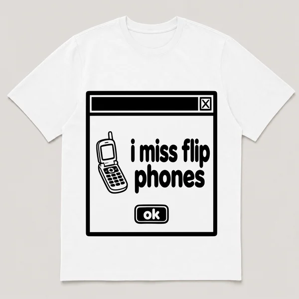 lonely boi tee: a retro computer error dialog window with open flip phone and the words i miss flip phones and an ok button