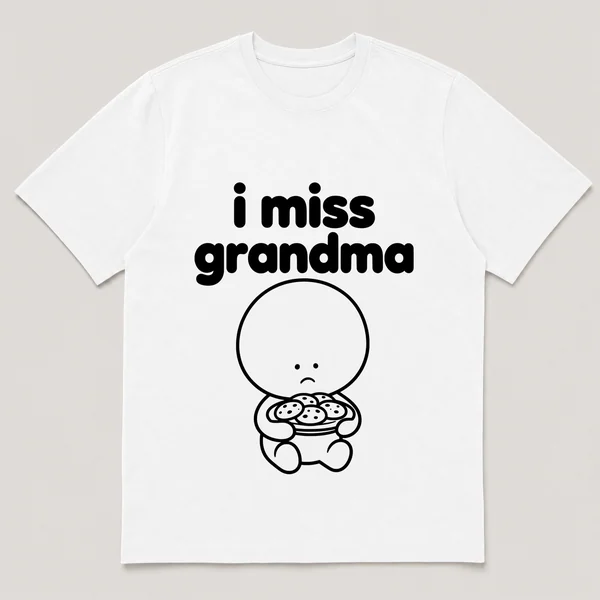 lonely boi tee: a small sad cartoon boy hugging a plate of warm cookies, with the words i miss grandma above him
