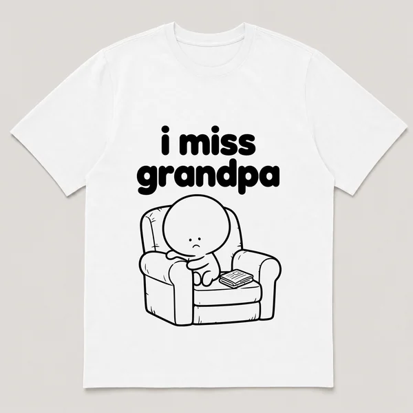 lonely boi tee: a small sad cartoon boy hugging a worn armchair with a folded newspaper, with the words i miss grandpa above him