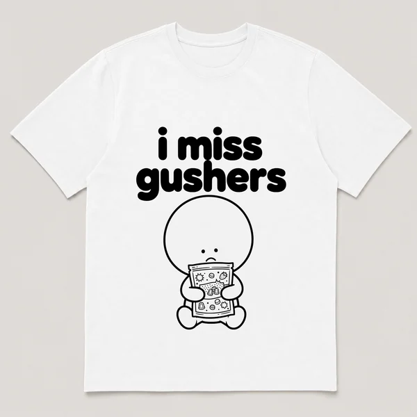 lonely boi tee: a small sad cartoon boy hugging a pouch of juicy fruit gummies, with the words i miss gushers above him