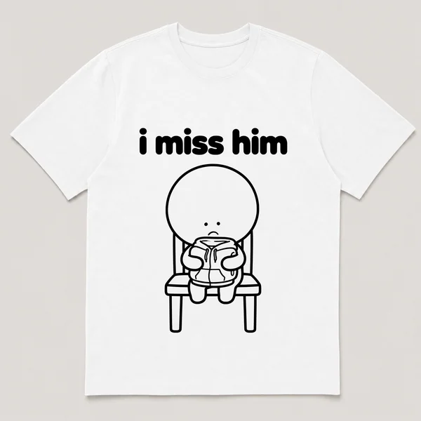 lonely boi tee: a small sad cartoon boy hugging a folded hoodie left on a chair, with the words i miss him above him