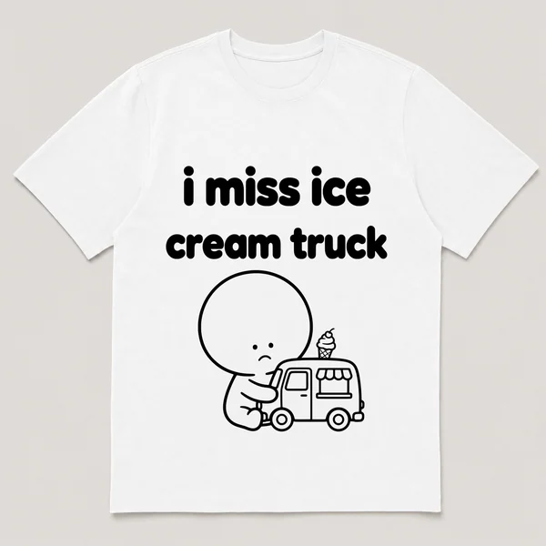lonely boi tee: a small sad cartoon boy hugging a tiny ice cream truck with a cone, with the words i miss the ice cream truck above him