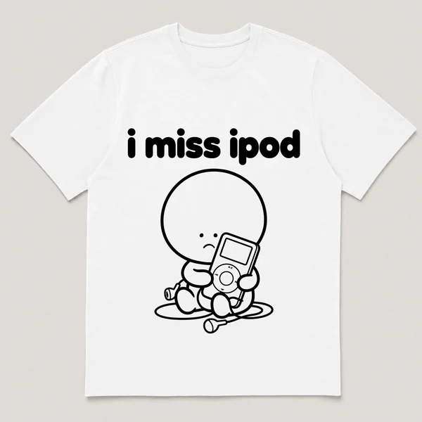 lonely boi tee: a small sad cartoon boy hugging a small white music player with earbuds, with the words i miss ipod above him