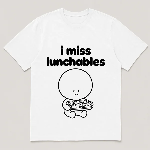 lonely boi tee: a small sad cartoon boy hugging a lunch tray of crackers and cheese, with the words i miss lunchables above him