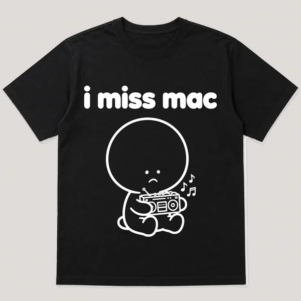 lonely boi tee: a small sad cartoon boy hugging a small boombox with music notes, with the words i miss mac above him