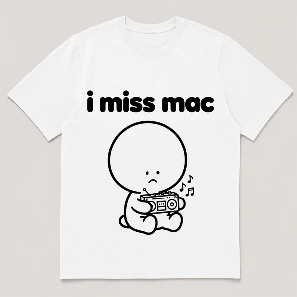 lonely boi tee: a small sad cartoon boy hugging a small boombox with music notes, with the words i miss mac above him