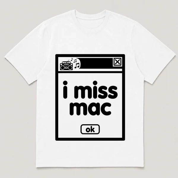 lonely boi tee: a retro computer error dialog window with mini boombox and the words i miss mac and an ok button