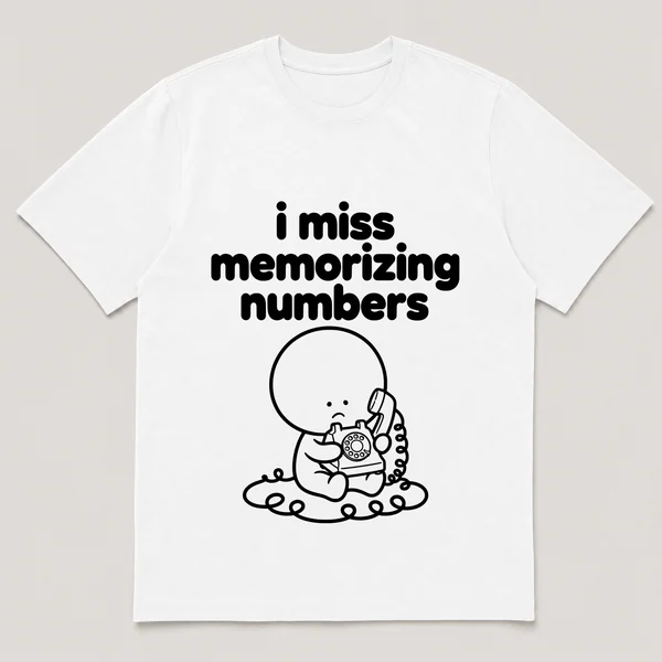 lonely boi tee: a small sad cartoon boy hugging a rotary phone with a long cord, with the words i miss memorizing numbers above him