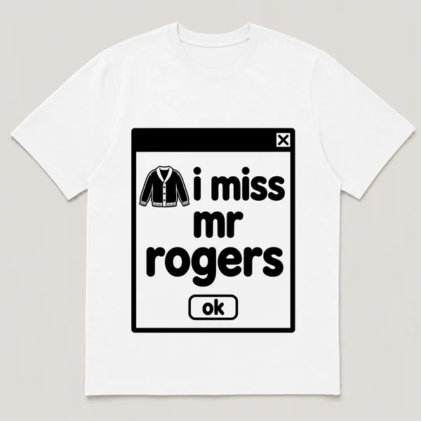 lonely boi tee: a retro computer error dialog window with red sweater and the words i miss mr rogers and an ok button