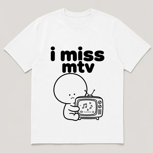 lonely boi tee: a small sad cartoon boy hugging an old tv playing a music video, with the words i miss mtv above him