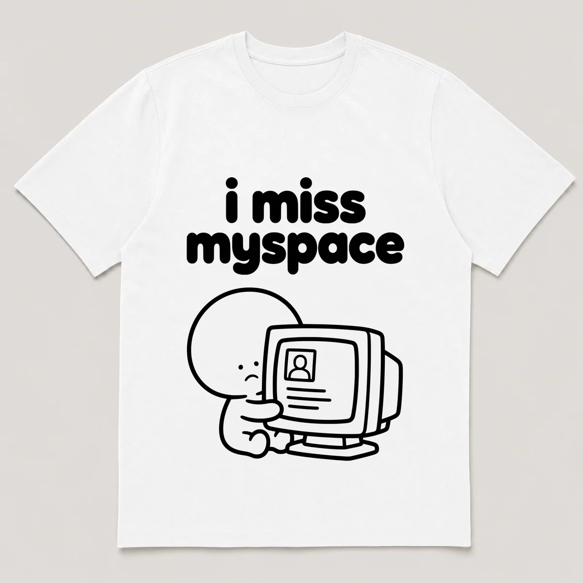 lonely boi tee: a small sad cartoon boy hugging an old profile page on a chunky monitor, with the words i miss myspace above him