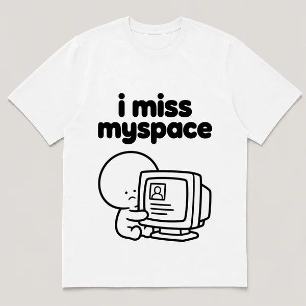 lonely boi tee: a small sad cartoon boy hugging an old profile page on a chunky monitor, with the words i miss myspace above him
