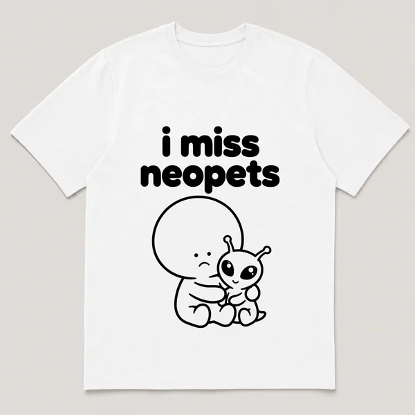 lonely boi tee: a small sad cartoon boy hugging a small wide-eyed alien pet, with the words i miss neopets above him