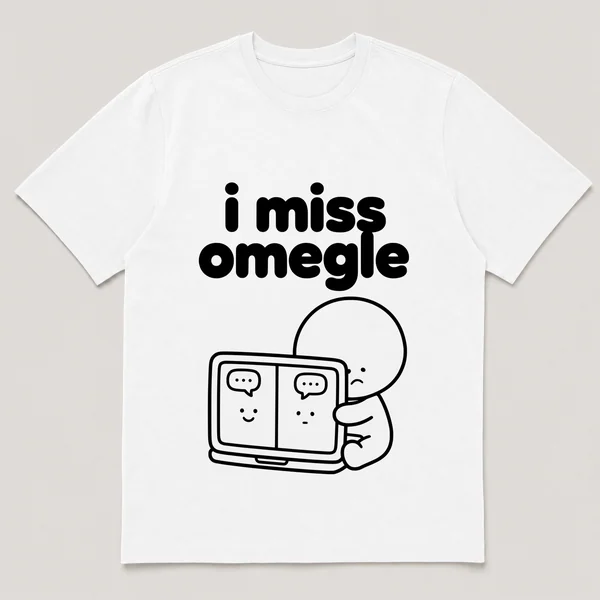 lonely boi tee: a small sad cartoon boy hugging a glowing laptop with two small faces, with the words i miss omegle above him