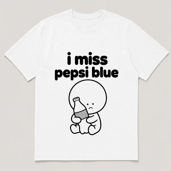 lonely boi tee: a small sad cartoon boy hugging a bright blue bottle of soda, with the words i miss pepsi blue above him