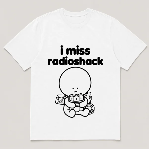 lonely boi tee: a small sad cartoon boy hugging a tangle of batteries and cables, with the words i miss radioshack above him