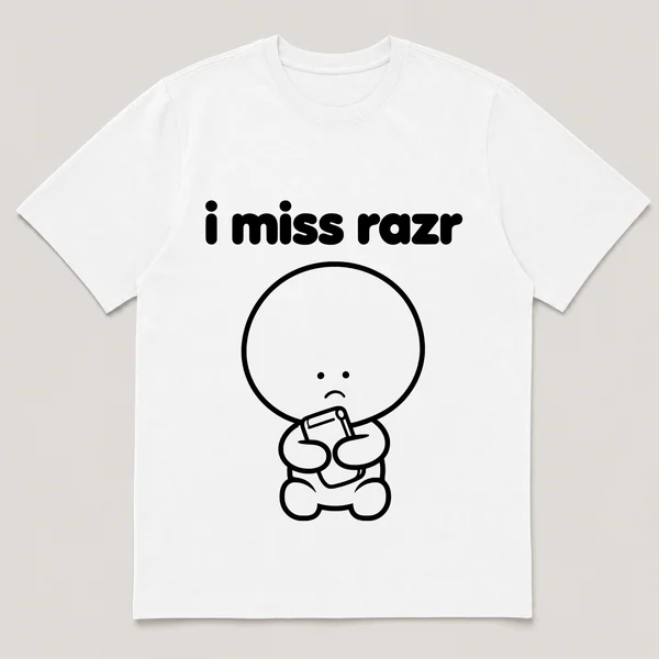 lonely boi tee: a small sad cartoon boy hugging a thin flip phone snapping shut, with the words i miss razr above him