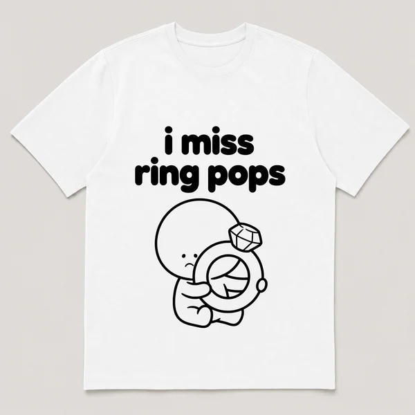 lonely boi tee: a small sad cartoon boy hugging a big jewel candy ring, with the words i miss ring pops above him