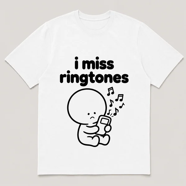 lonely boi tee: a small sad cartoon boy hugging a phone blasting chunky music notes, with the words i miss ringtones above him