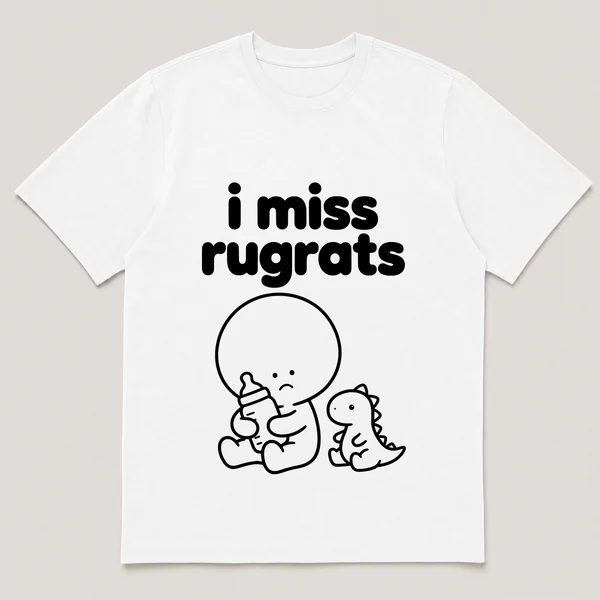 lonely boi tee: a small sad cartoon boy hugging a baby bottle next to a toy dinosaur, with the words i miss rugrats above him