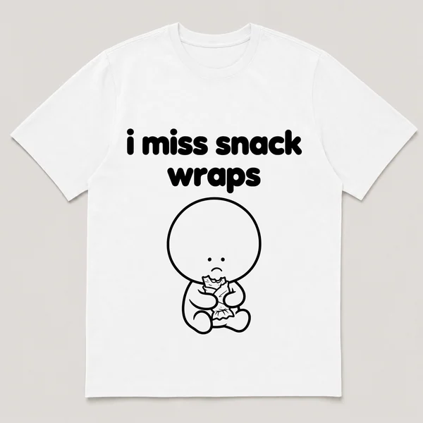 lonely boi tee: a small sad cartoon boy hugging a small crispy wrapped snack, with the words i miss snack wraps above him