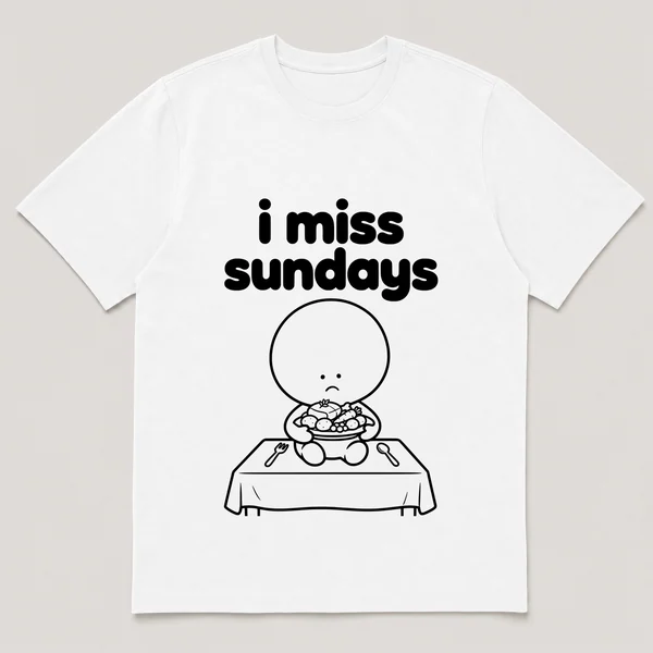 lonely boi tee: a small sad cartoon boy hugging a roast dinner on a family table, with the words i miss sundays above him