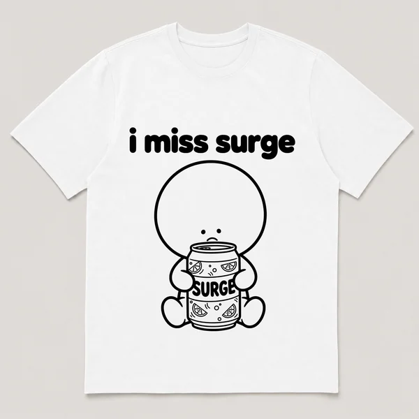 lonely boi tee: a small sad cartoon boy hugging a neon green can of citrus soda, with the words i miss surge above him
