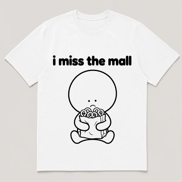 lonely boi tee: a small sad cartoon boy hugging a paper shopping bag with pretzels, with the words i miss the mall above him