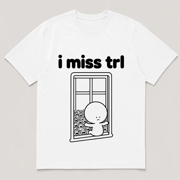 lonely boi tee: a small sad cartoon boy hugging a screaming crowd outside a tall window, with the words i miss trl above him