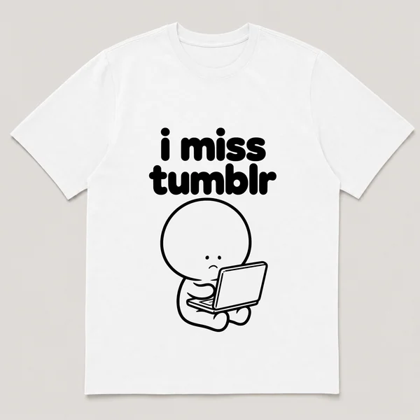 lonely boi tee: a small sad cartoon boy hugging an open laptop glowing in a dark room, with the words i miss tumblr above him