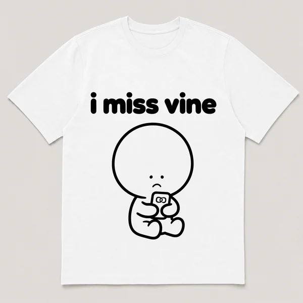 lonely boi tee: a small sad cartoon boy hugging a tiny phone playing a short looping video, with the words i miss vine above him