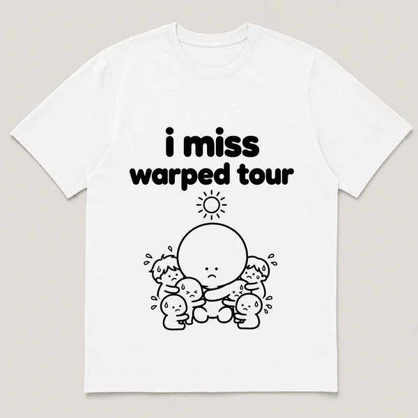 lonely boi tee: a small sad cartoon boy hugging a sweaty crowd under a summer sun, with the words i miss warped tour above him