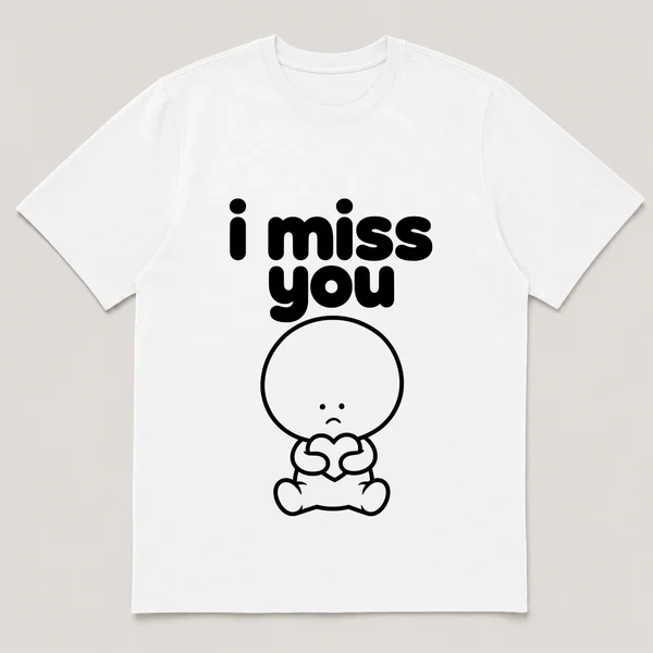 lonely boi tee: a small sad cartoon boy hugging a single small heart, with the words i miss you above him
